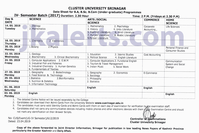 Cluster University Srinagar Date Sheet B.A, B.Sc, B.Com under-graduate Programmes.