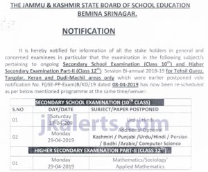 JKBOSE Reschedule Class 10th and 12th postponed papers.