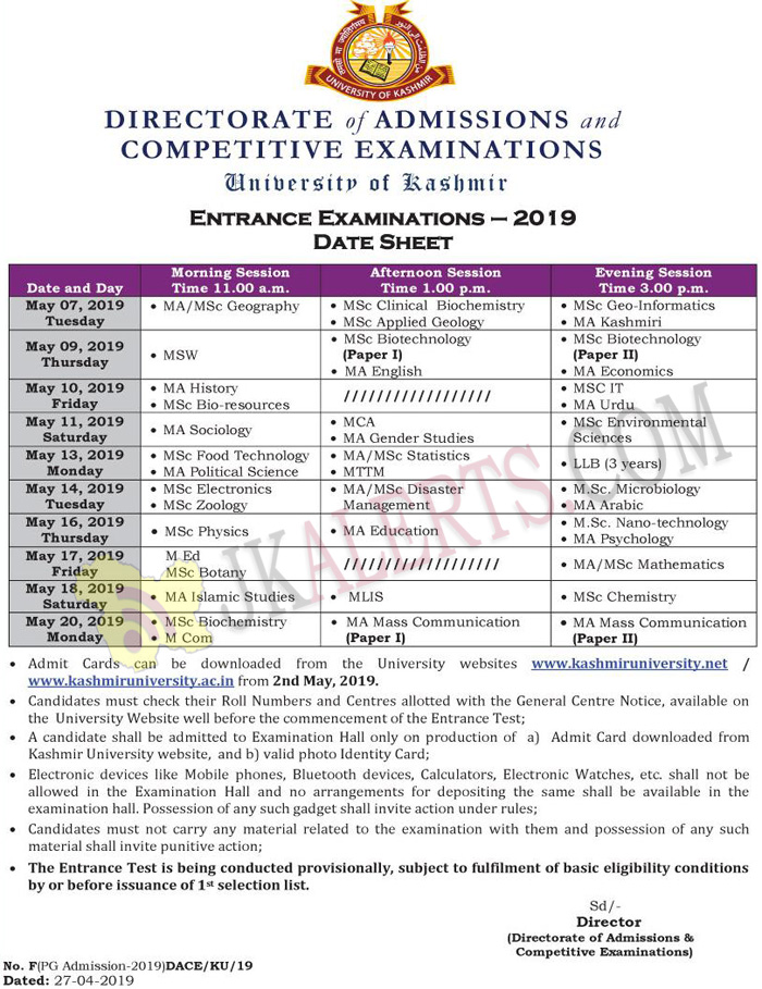 KU Entrance Examinations 2019 date Sheet