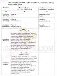 Time Table for Jammu & Kashmir Combined Competitive (Main)