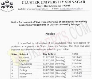 Cluster University Srinagar , Cluster University Srinagar Interview schedule, Cluster University Srinagar Viva voce, Cluster University Srinagar Updates, Cluster University Srinagar Academic Arrangement Interview,