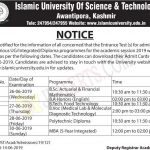 IUST Entrance Test Notification for various UG, Integrated, Diploma programmes.
