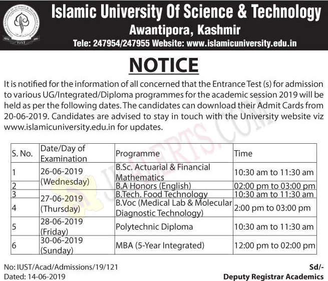 IUST Entrance Test Notification for various UG, Integrated, Diploma programmes.