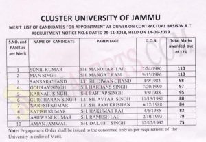Cluster University Jammu merit list for appointment of Driver.