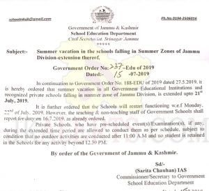 Summer vacation in the schools falling in Summer Zones of Jammu Division