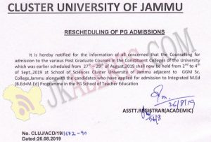 Cluster University of Jammu Rescheduling of PG Admissions 2019.