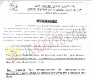 JKBOSE Notification for extension of last date of Admission forms Class 11th Bi annual 2019 SZ.