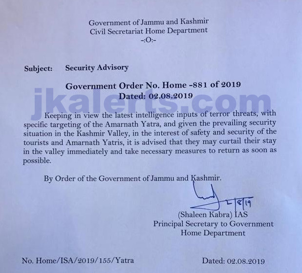 Important advisory for tourists and yatris issued by Home Deptt, J&K.