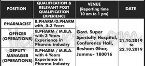 Pharmacist, Officer, Deputy Manager (Operations), Jobs in HLL Lifecare Limited, Private jobs, Pharma Jobs Jammu,