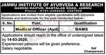 Jammu Institute of Ayurveda & Research Jammu Jobs Recruitment 2020.
