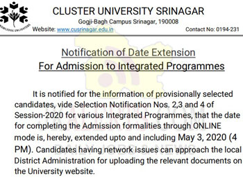 Cluster university Srinagar online admission notification
