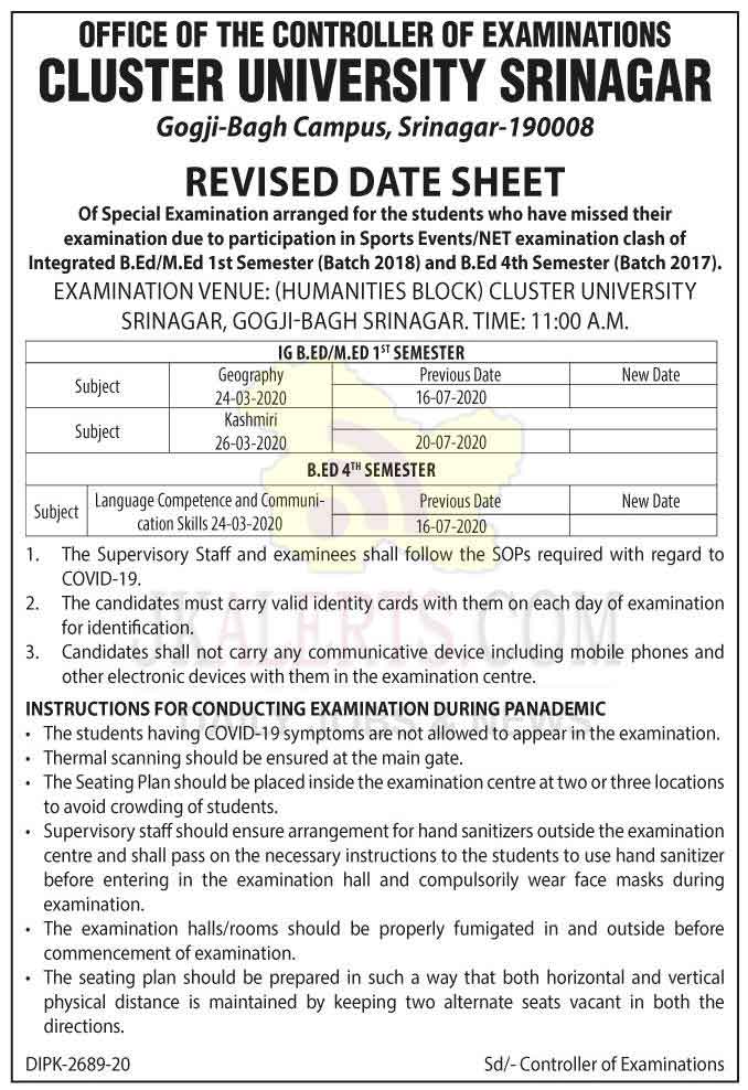 Cluster University Srinagar Revised Date Sheet.