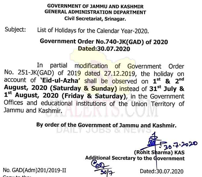 Holiday on account of Eid 31/7/2020 (Friday) stands cancelled.