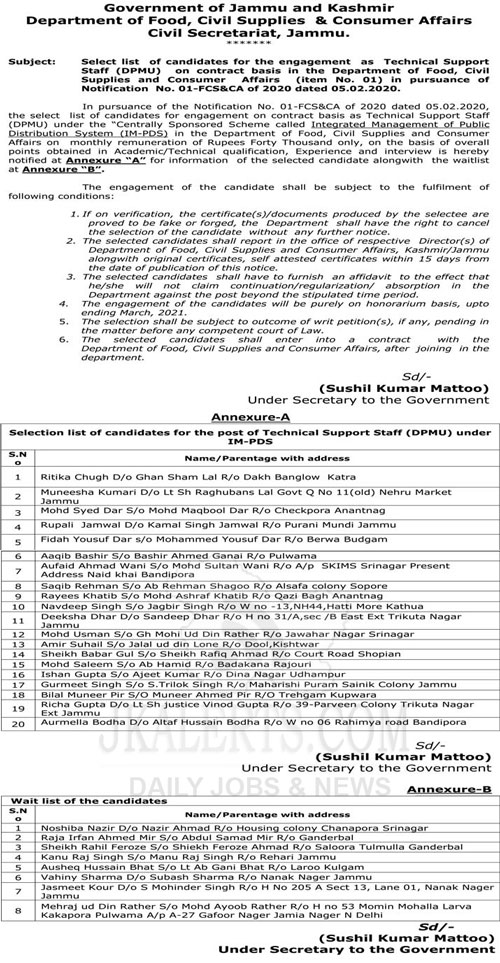 J&K Food Civil Supplies and Consumer Affairs Selection list of Technical Support staff DPMU.