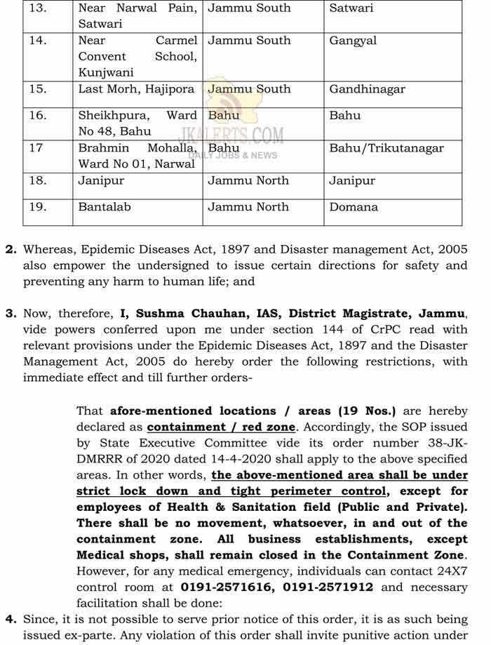 District Magistrates declares 19 areas as Containment/Red Zones in Jammu