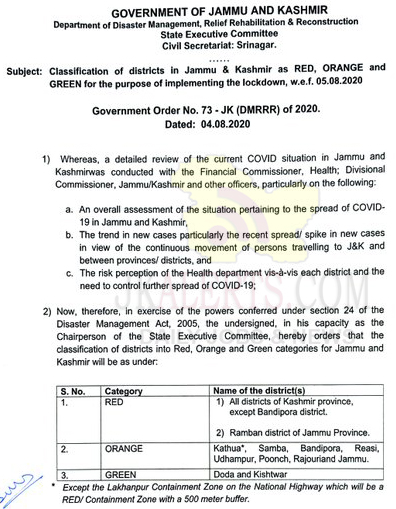 J&K Govt issues new order regarding classification of districts.