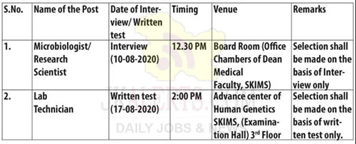SKIMS Walk-in Interview /Written Test for the Post of Microbiologist/ Research Scientist and Lab Technician