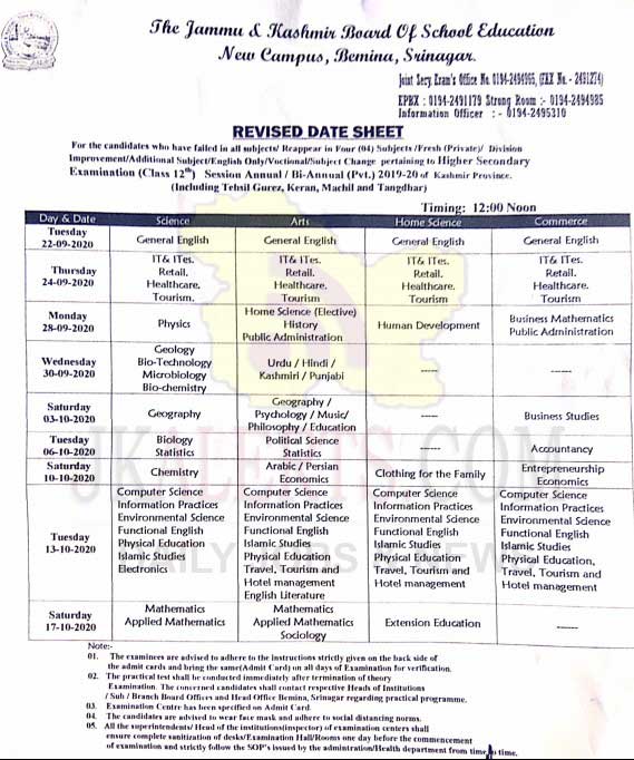 JKBOSE Revised Date Sheet Class 12th Kashmir.