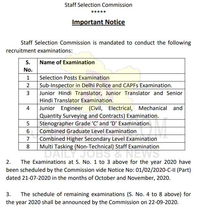 SSC Examination Schedule for various recruitment examinations.