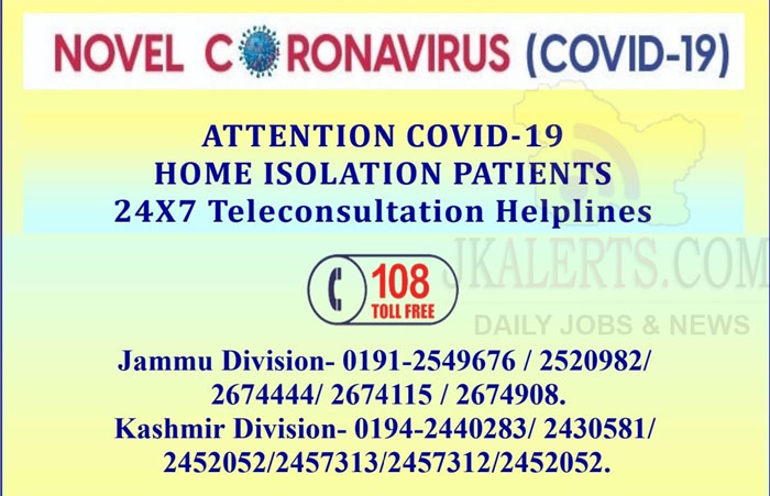 Tele consultation Helplines numbers for Home Isolation Patients of J&K, J&K COVID19 Tele consultation Helplines numbers
