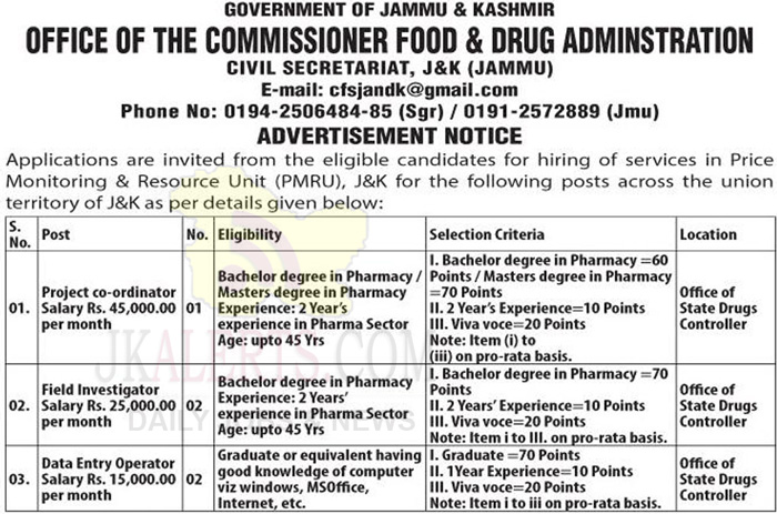 J&K Commissioner Food and Drug Administration Jobs Recruitment 2020.