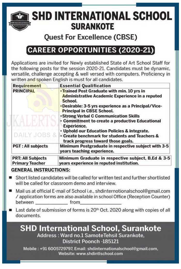 SHD International School Poonch Jobs Recruitment 2020.