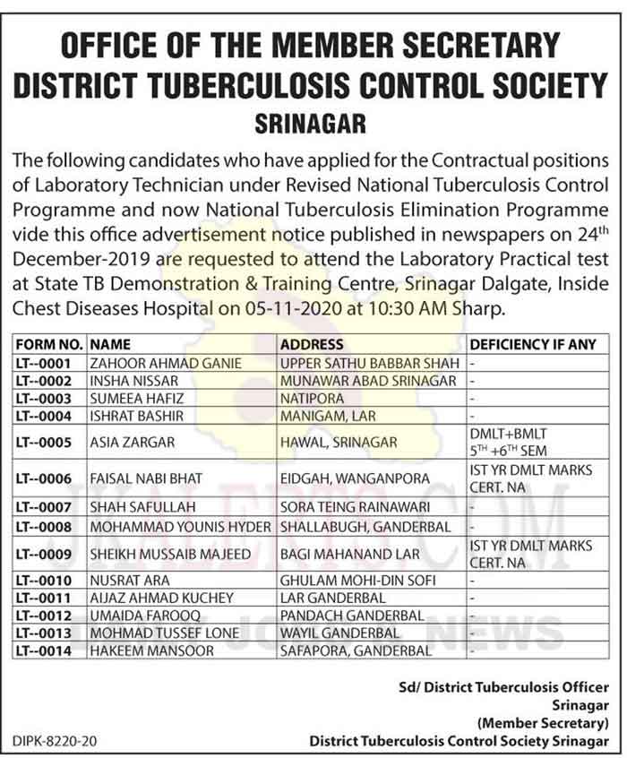 District Tuberculosis Control Society Srinagar Laboratory Practical test schedule.