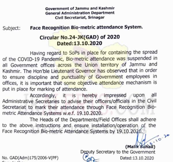 J&K Govt directs officers to install face recognition bio-metric attendance system.