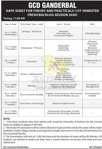 GDC Ganderbal Date Sheet for Theory & Practical 1st Sem 2020.