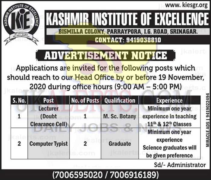 Kashmir Institute of Excellence KIE Srinagar Jobs.