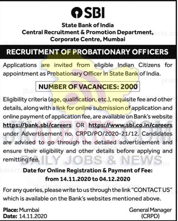 SBI PO Job Recruitment 2020 2000 vacancies.