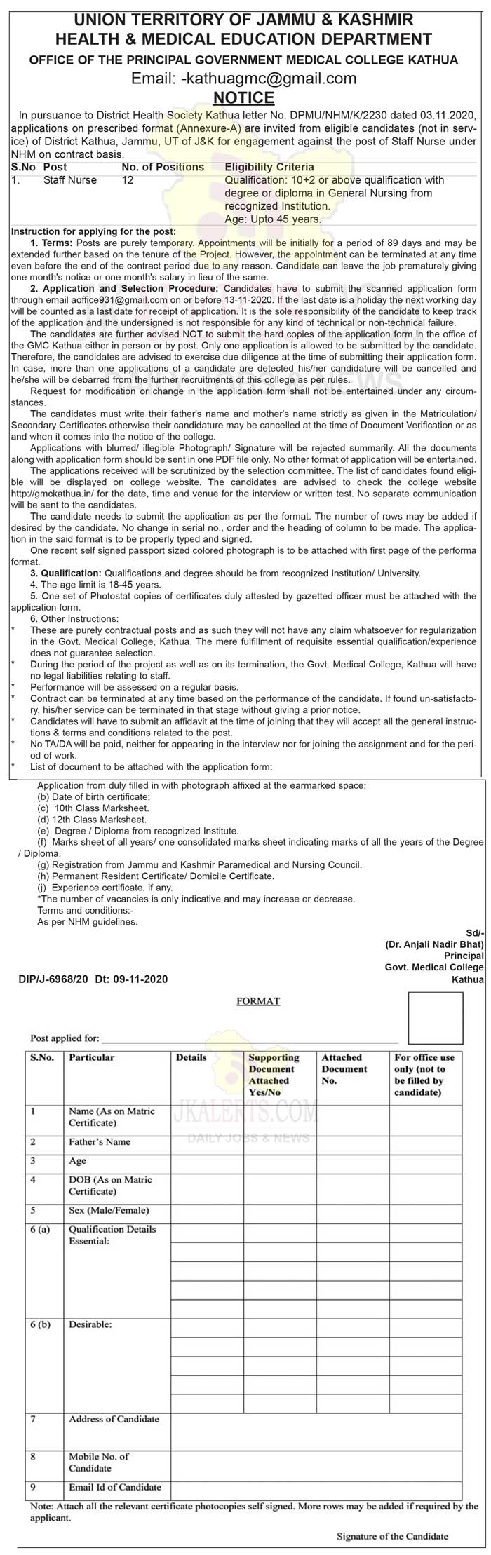 J&K District Health Society Staff Nurse job recruitment under NHM.