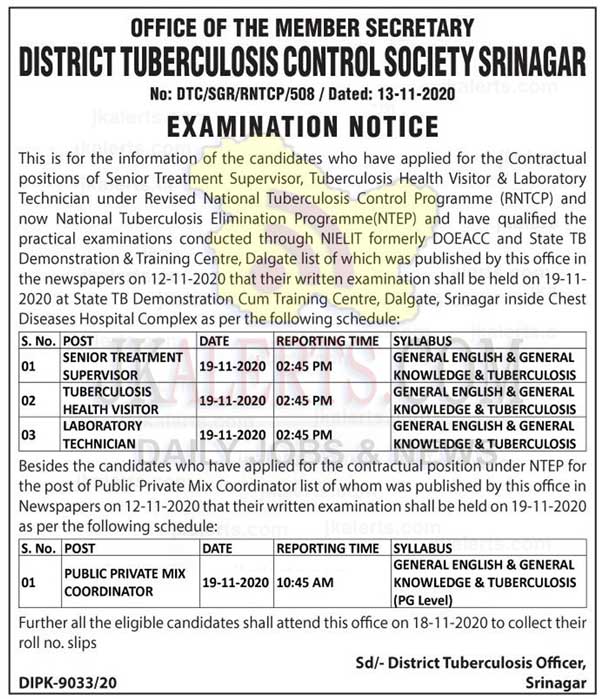 District TB Control Society Srinagar written test schedule.