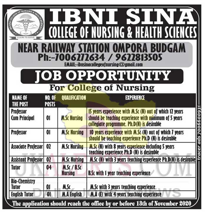 IBNI SINA Nursing College Budgam Jobs Recruitment 2020.