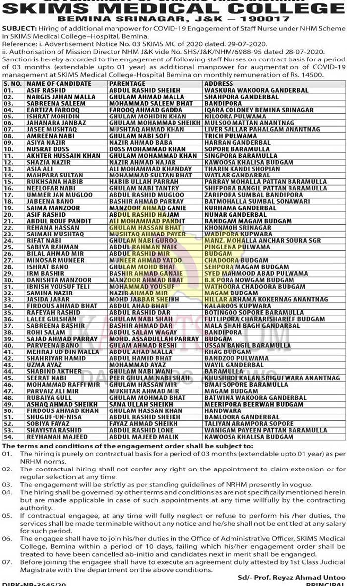 SKIMS Medical College Staff Nurses Selection List.