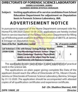 J&K Forensic Science Laboratory invites applications from in-service-candidates for the post of Lab Technician.