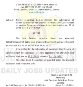 JKSSB re-notifies date of Commencement of online applications.