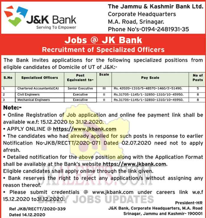 JK Bank Specialized Officers Jobs Recruitment 2020.