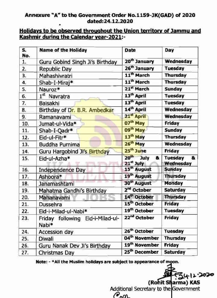 J K Govt Holidays Calendar 2021 Jkalerts Jk Updates