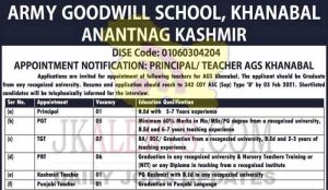 Army Goodwill School Khanbal Srinagar kashmir Jobs Recruitment 2021