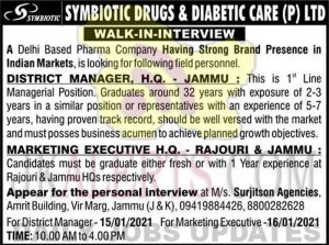 District Manager and Marketing Executive Jobs in Jammu.