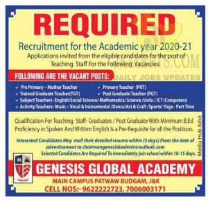 Genesis Global Academy Budgam Jobs Recruitment 2021.