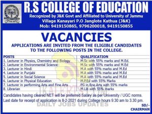 R. S College of Education Kathua Jobs Recruitment 2021.
