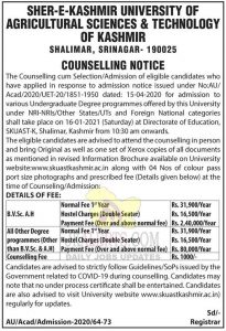 SKUAST Kashmir Counselling cum Selection/Admission Notification for Various Programmes