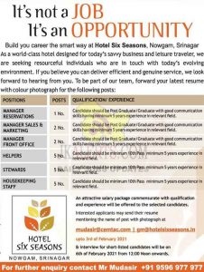Hotel Six Seasons Srinagar Jobs Recruitment 2021.