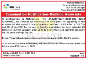 JK BANK Banking Associate last date extended.