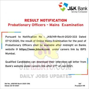 JK Bank PO Main Result Notification.