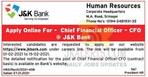 JK Bank Jobs Recruitment 2021 CFO Posts.