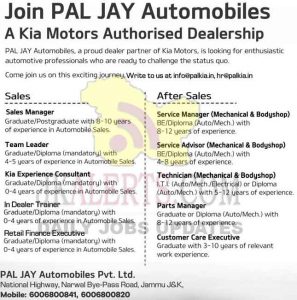 Pal Jay Automobiles Kia Motors Jobs Recruitment 2021.