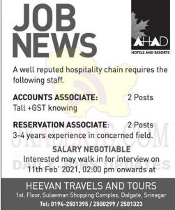 AHAD Hotels and Resorts Srinagar Jobs